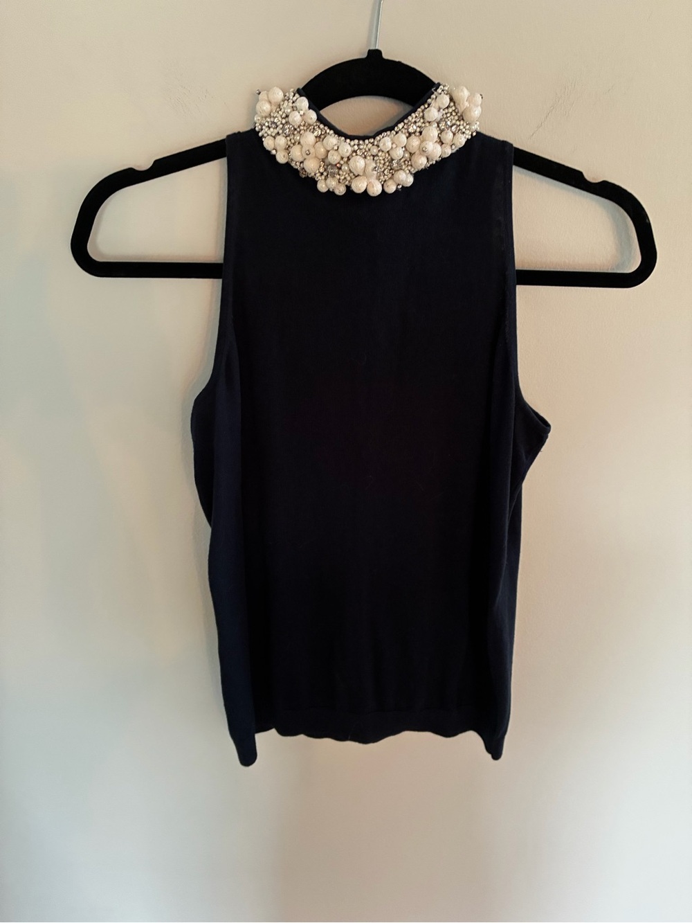 Worth Navy Sleeveless Mock Neck Top with Pearl Collar